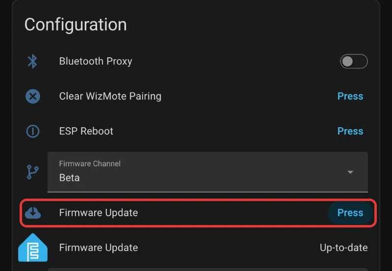 The Firmware Update row with its Press button outlined in red