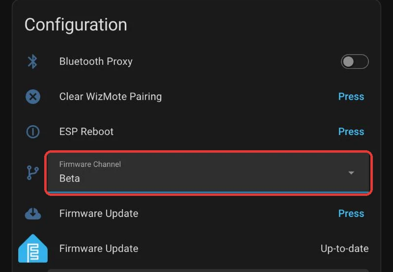 Firmware Channel set to Beta in the Configuration card, outlined in red