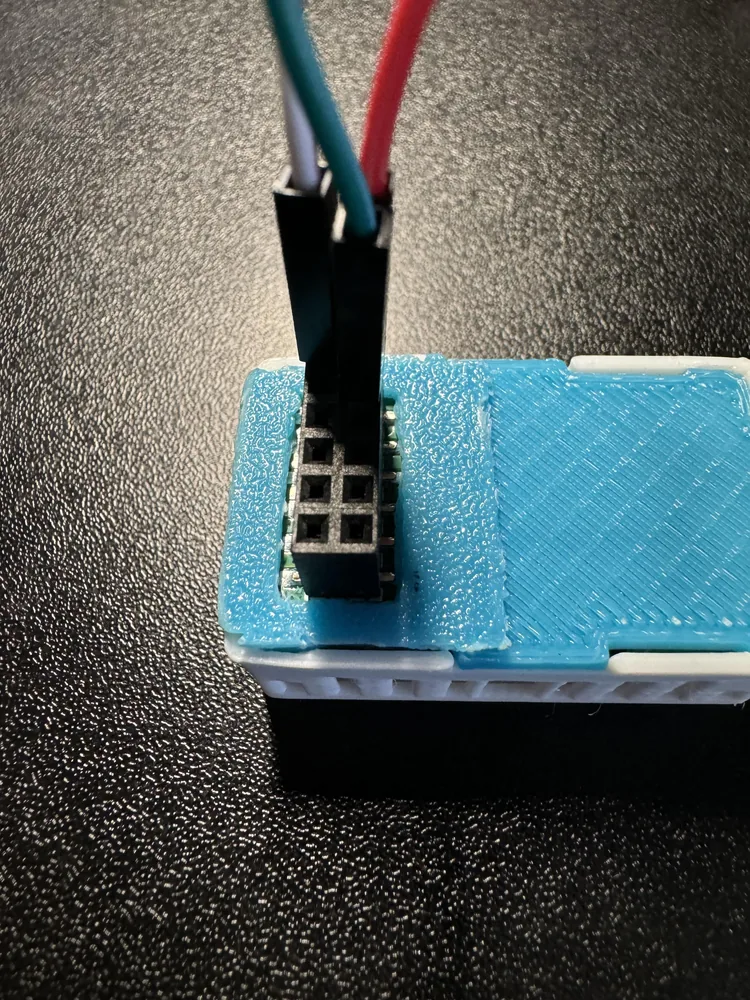 Close-up of the three wires seated on the GPIO Header