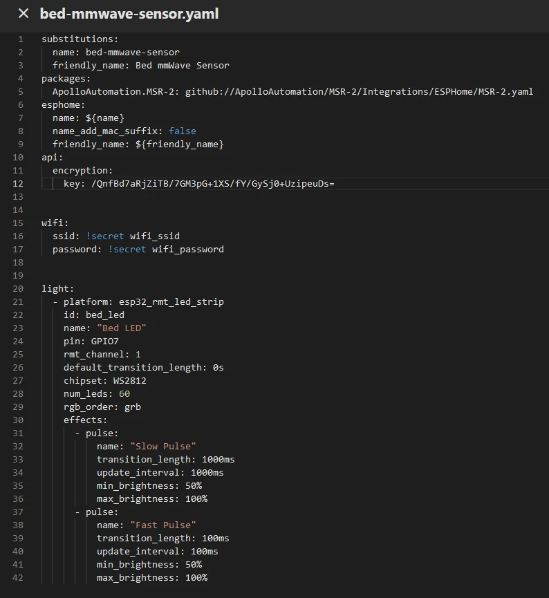 The ESPHome editor showing the new light block with no errors flagged