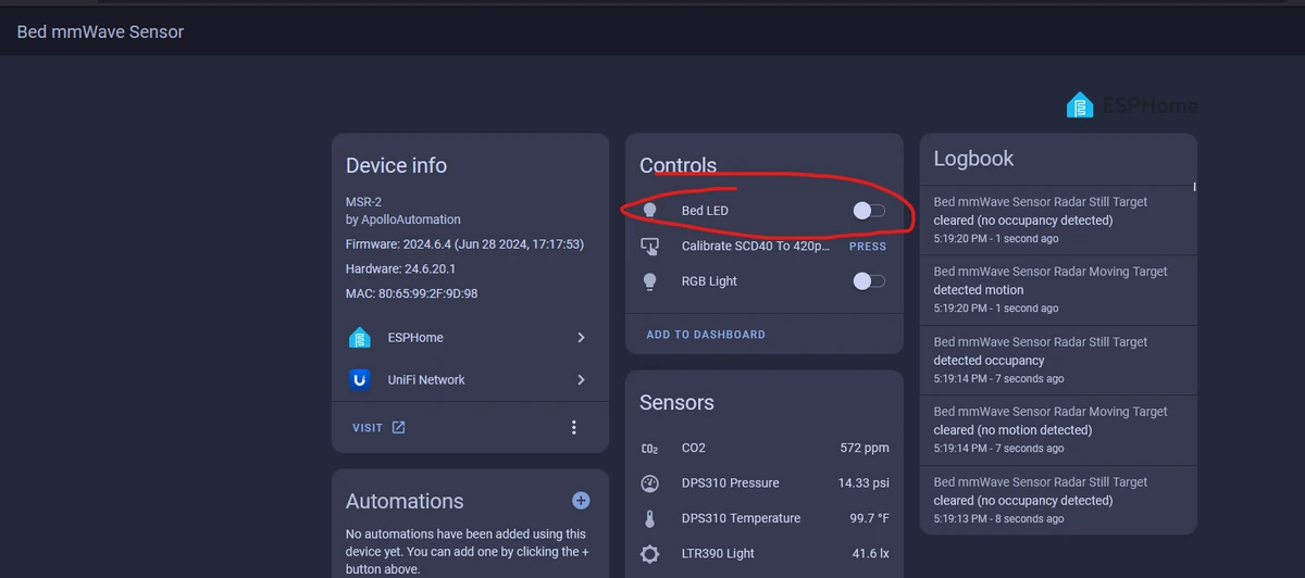 The Bed LED entity listed on the MSR-2 device page in Home Assistant