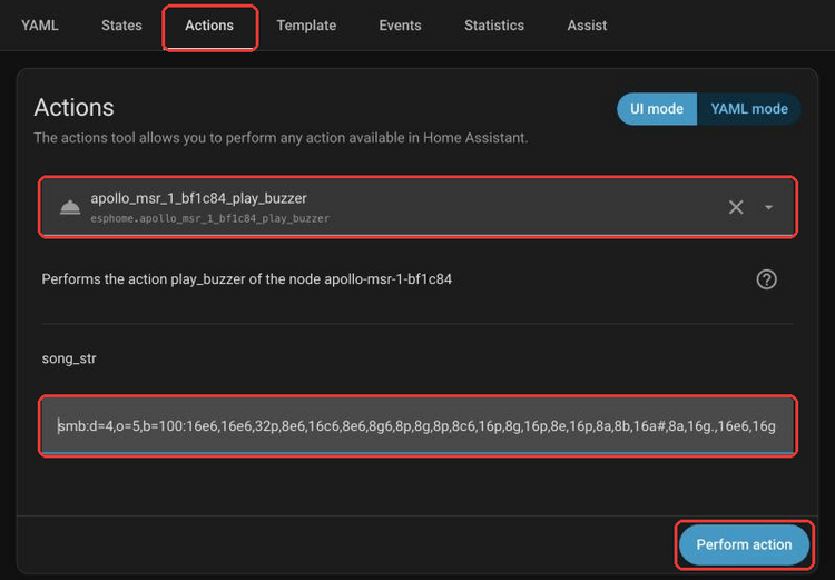 Home Assistant Actions tab with the MSR-1 play_buzzer action, a Mario RTTTL tune in song_str, and the Perform action button highlighted