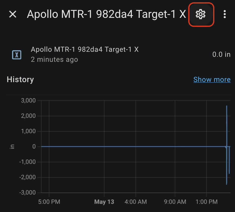Apollo MTR-1 Target-1 X sensor dialog with the Settings cog in the top right outlined in red