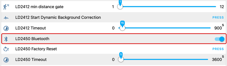 R PRO-1 web page with the LD2450 Bluetooth switch turned on and highlighted